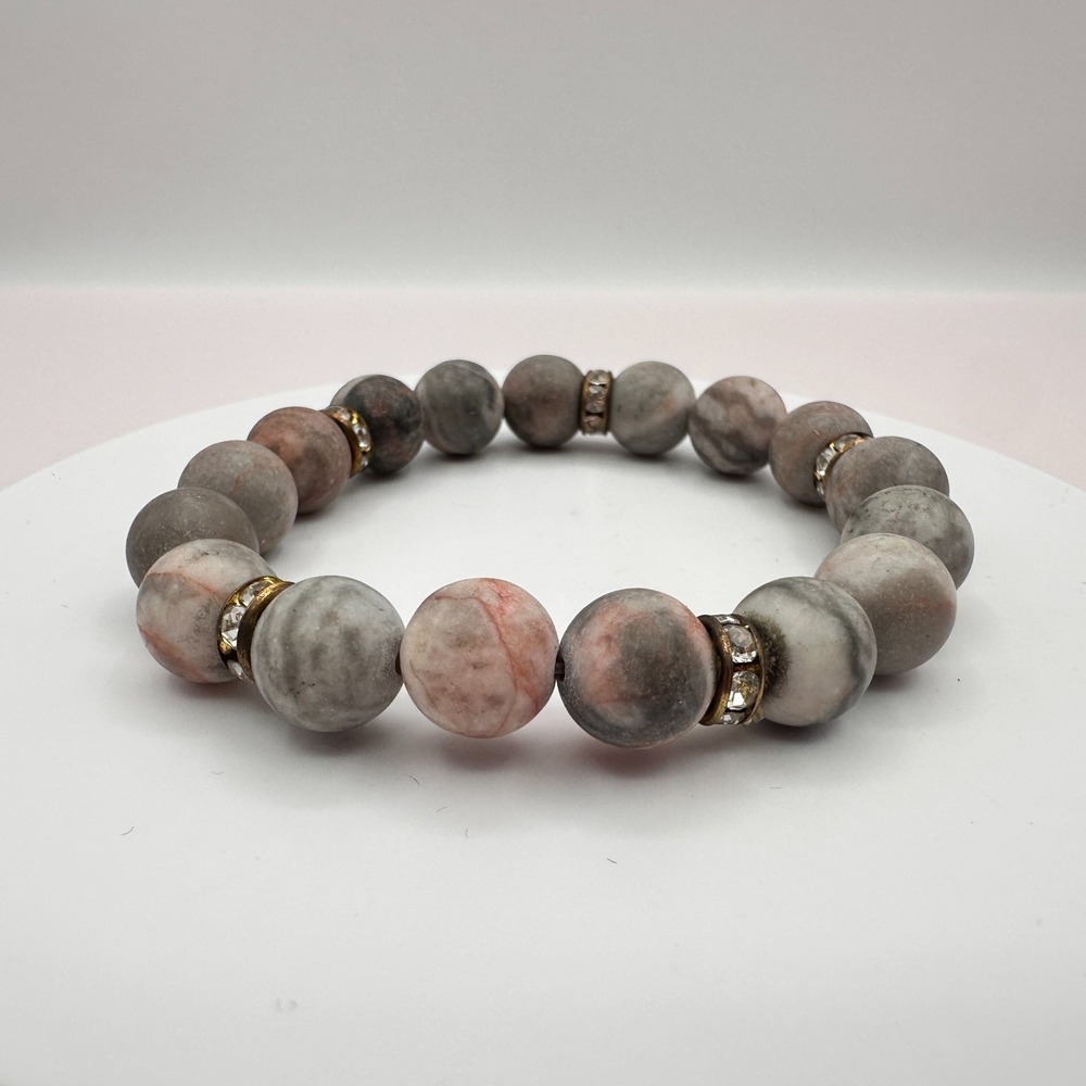 Vintage 70s Pink Gray Marble Stone Bead Stretch Bracelet Jewelry